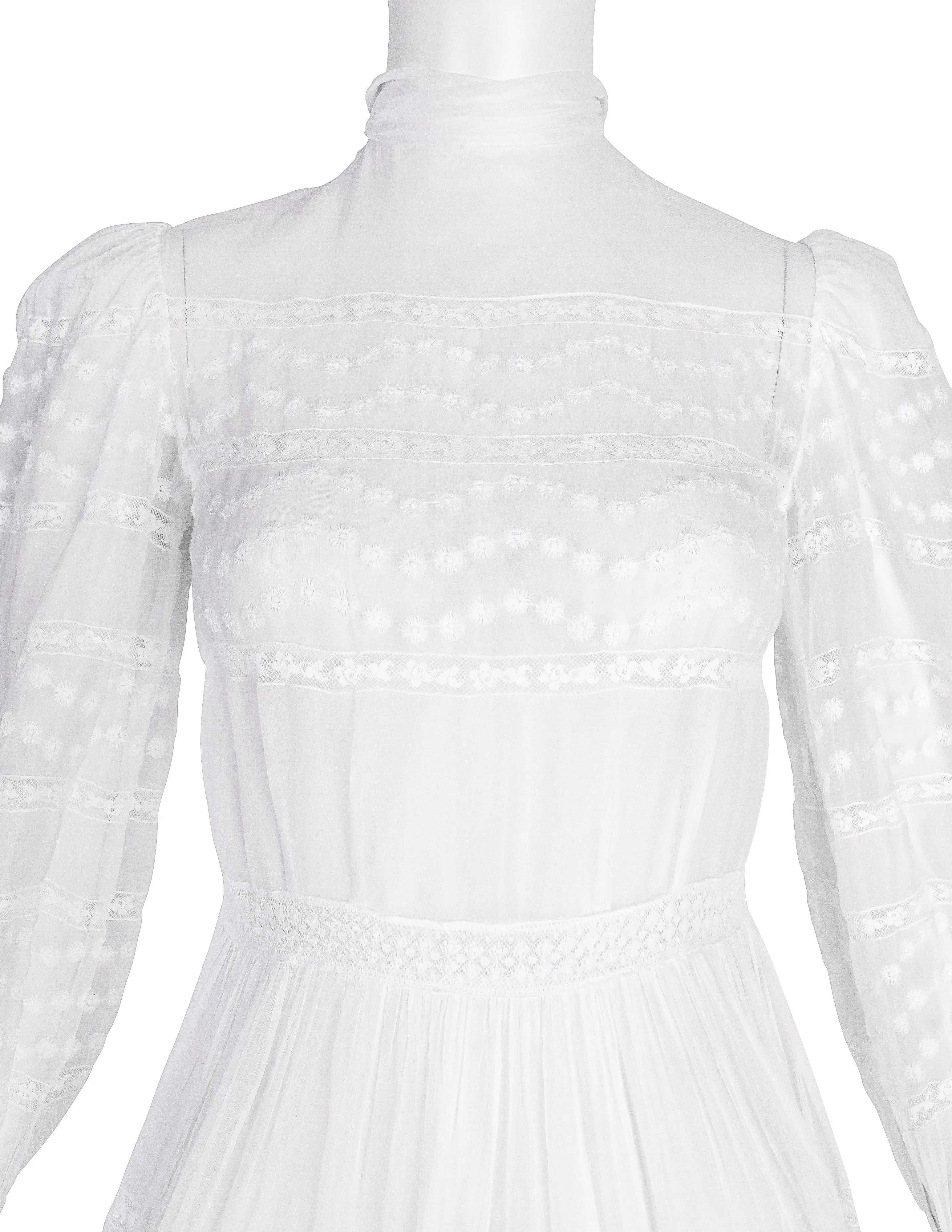Vintage Early 1940s White Floral Embroidered Sheer Organdy Dress