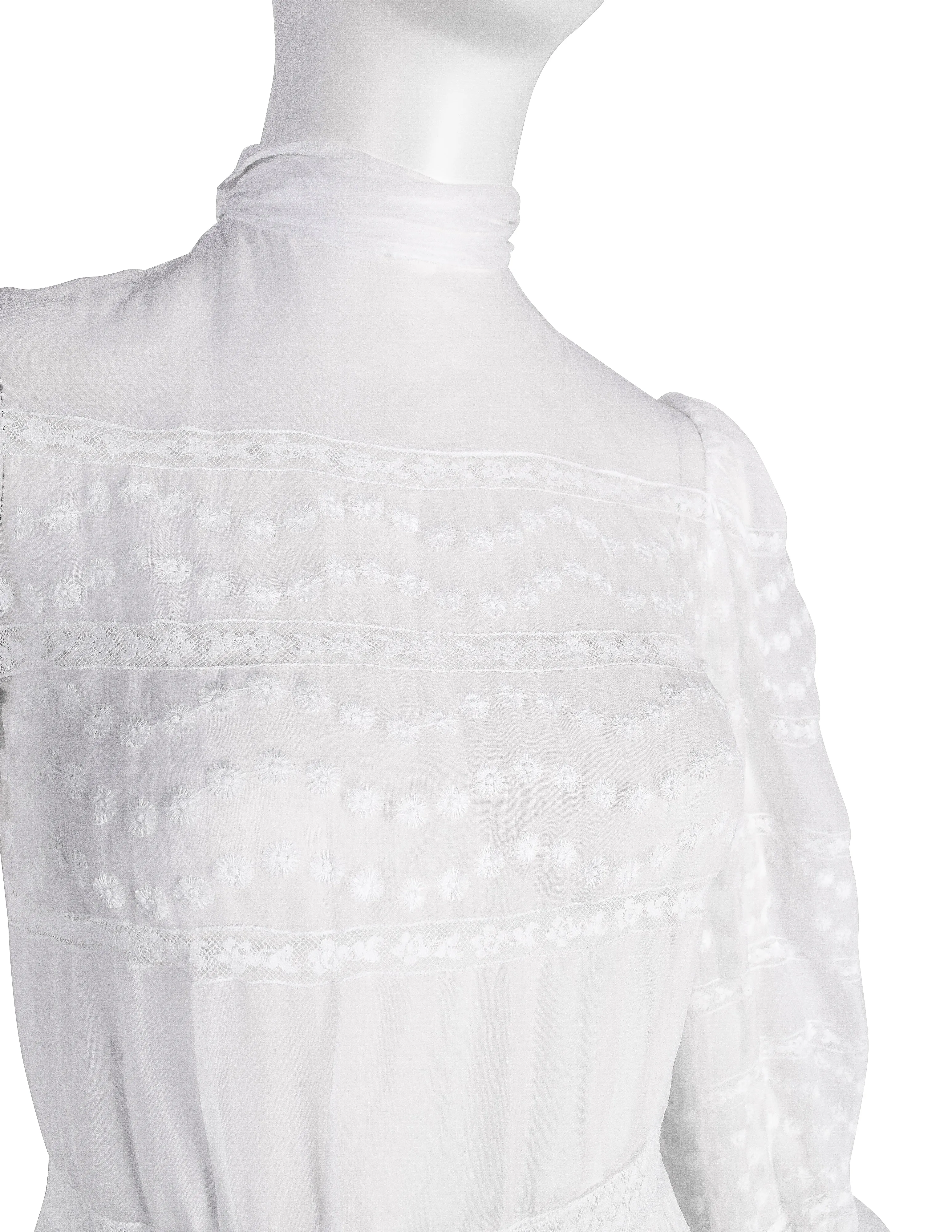 Vintage Early 1940s White Floral Embroidered Sheer Organdy Dress