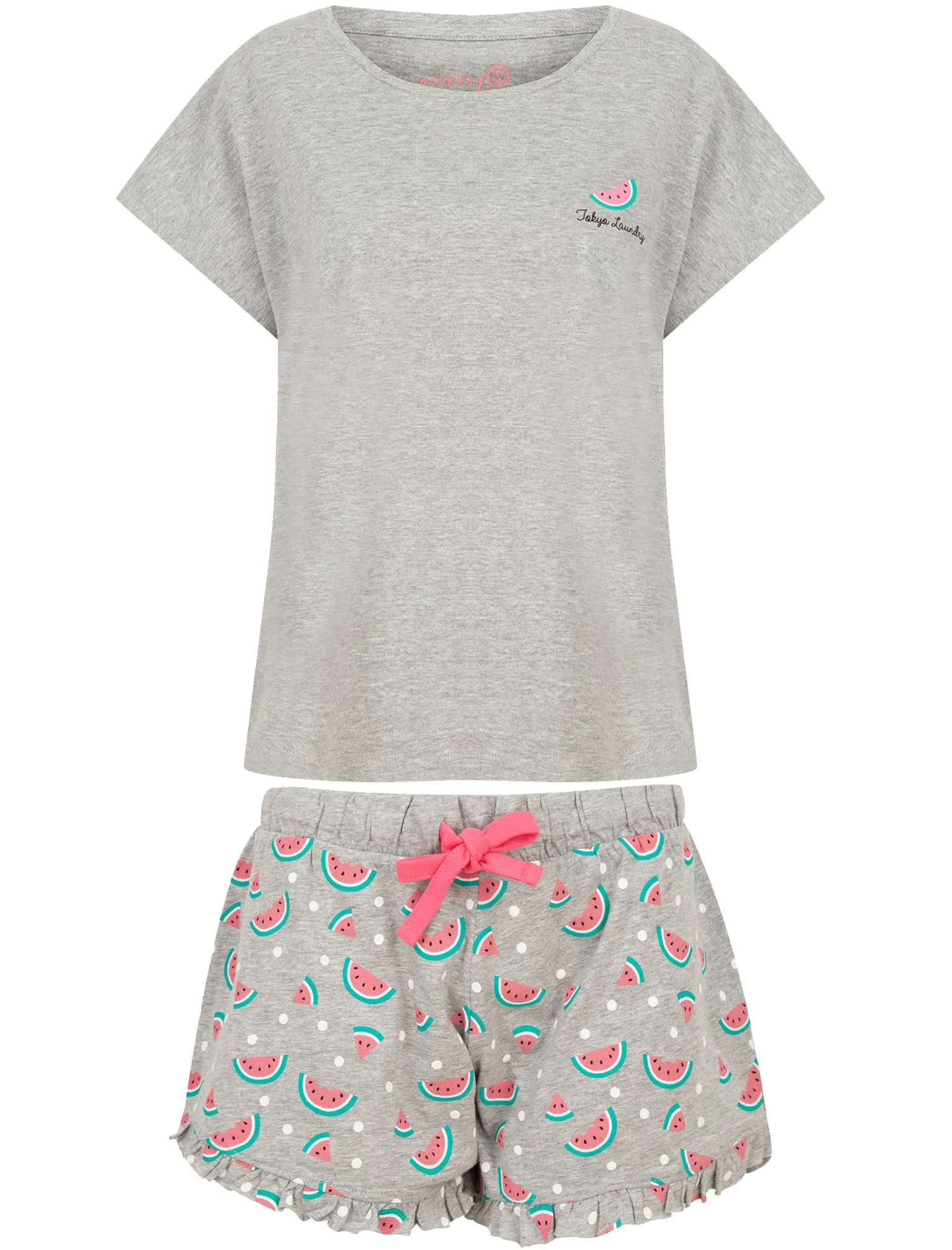 Watermelon Print 2 Pcs Shortie Lounge Set in Light Grey Marl - Tokyo Laundry