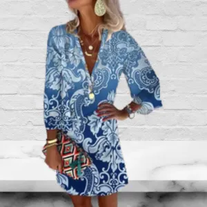 Women's Loose V Neck Long Sleeve Casual Midi Dress